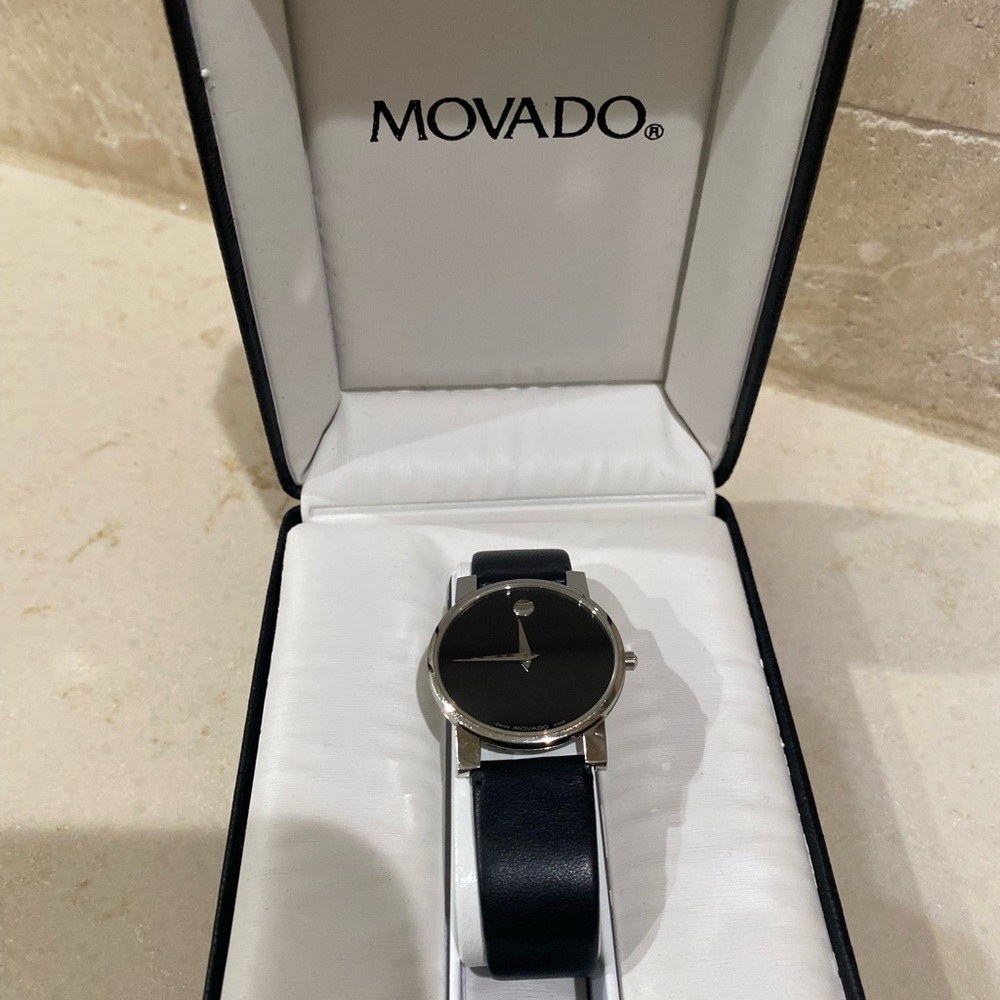 Women Movado Classic Black & Silver Museum Watch with Black Leather Band